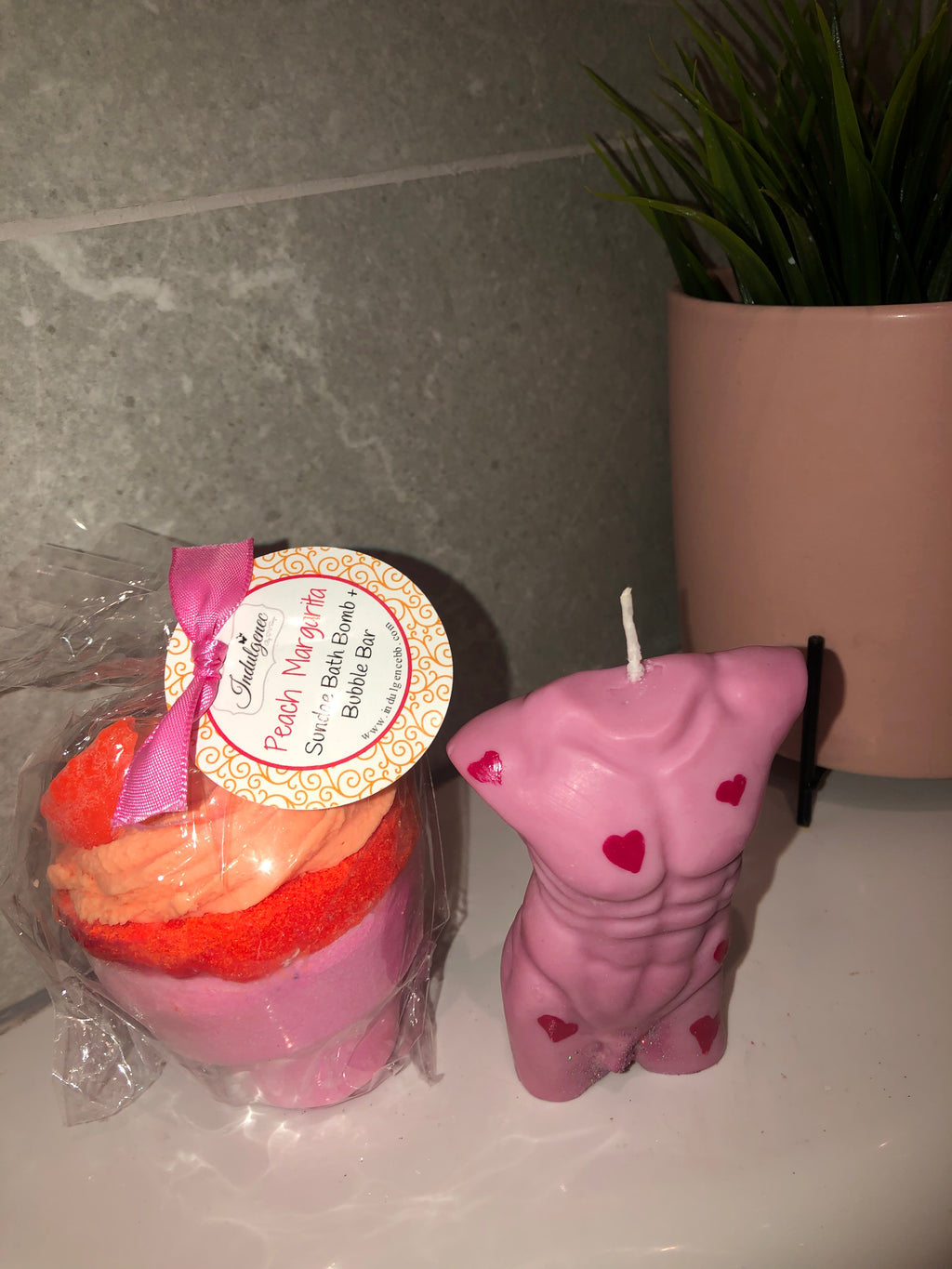 Valentines ‘Flame’ Loveheart Candle  and Peach-Scented Bath Bomb.